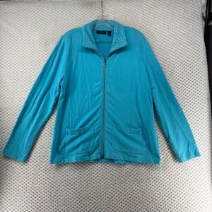 Susan Graver Weekend Zip Front Jacket with Lace Collar‎ - Turquoise Blue M